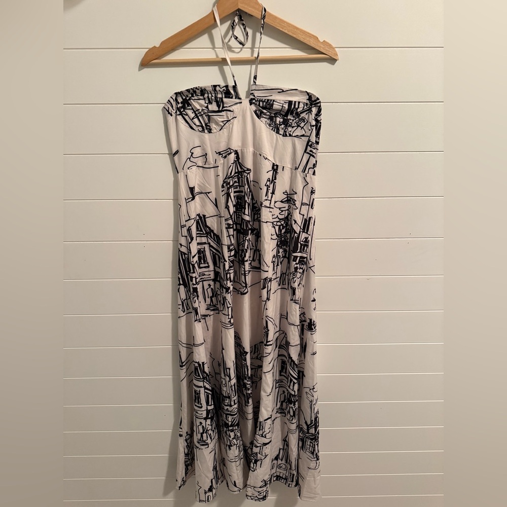 Commense Black & White Mediterranean Print Halter Style Maxi Dress Sz Large NWT